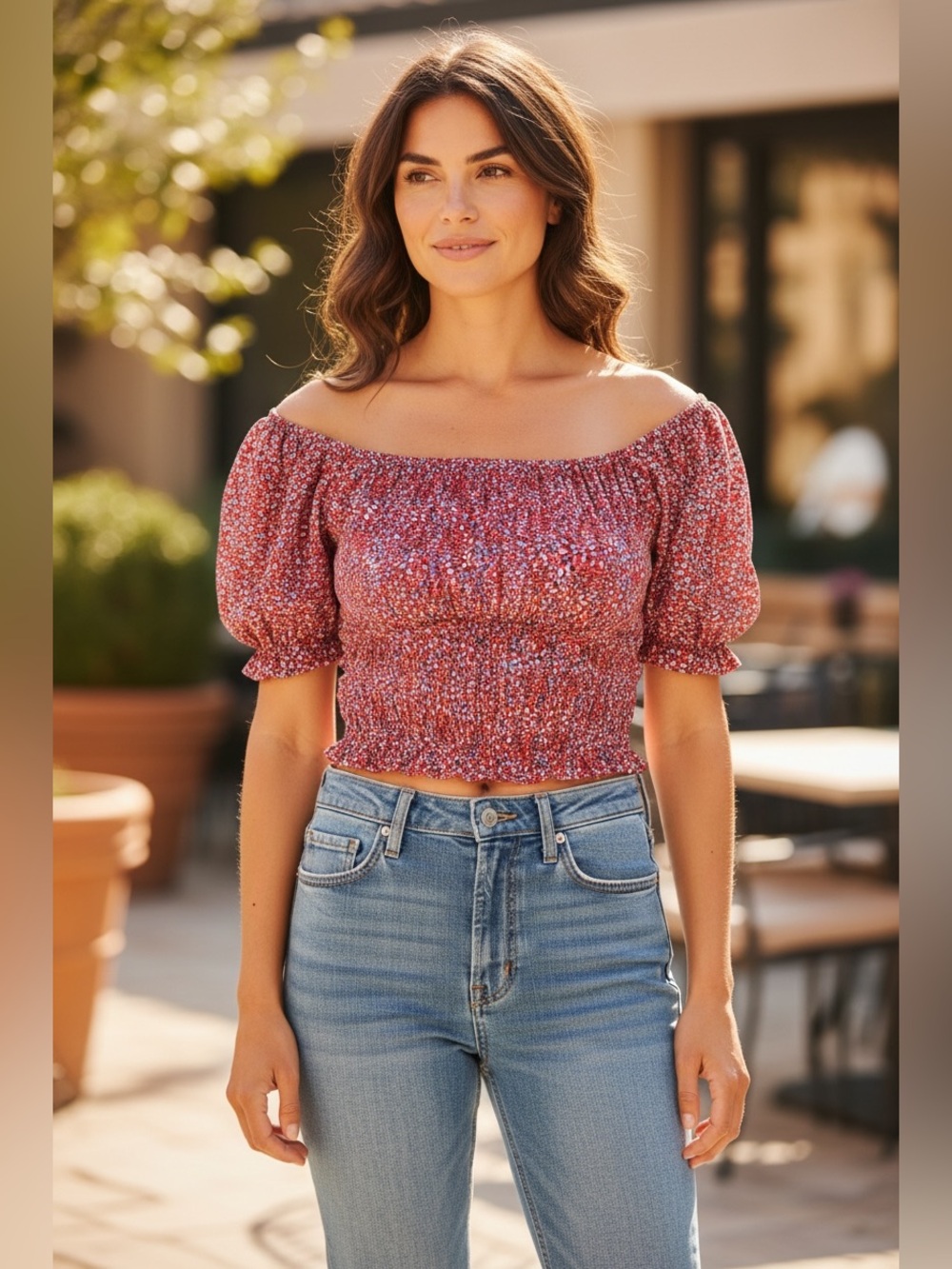 Japna Red Puff Sleeve Smocked Crop Top with Floral Dot Print
